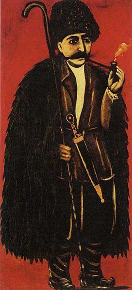 Shepherd in a Sheepskin Cloak on a Red Background